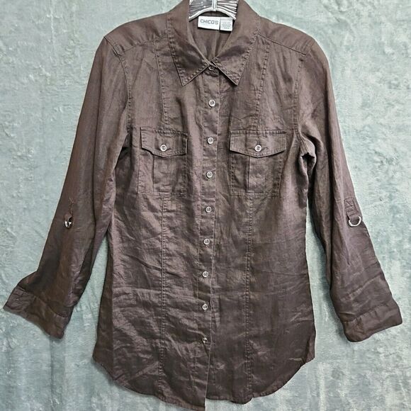 Chico's Sz O Small Linen Blouse tunic brown roll tab sleeve - Picture 2 of 11